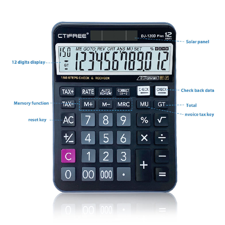 CTIFREE Plus Calculator Digit Dual-Power Desktop Calculator with Solar & Battery for Office Use (DJ-160D)