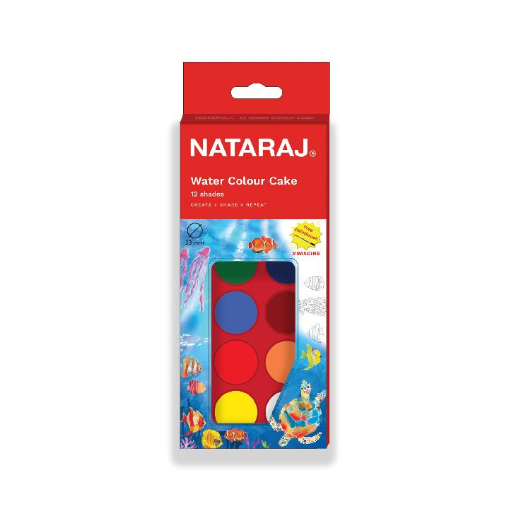 Nataraj Water Colour Cake (12 Colours) with Brush – Non-Toxic, Portable Watercolor Paint Set for Kids, Students & Beginners