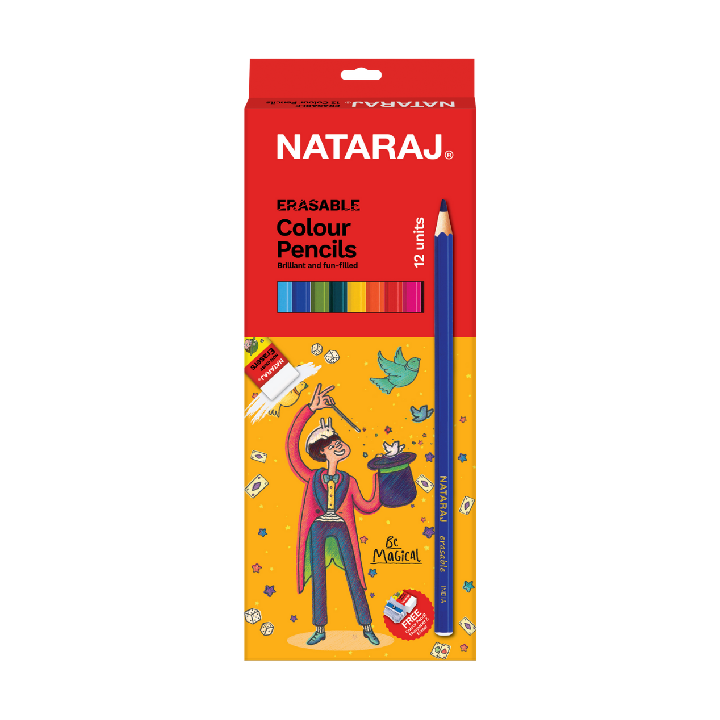 Nataraj Erasable Colour Pencils (12 Colours) – Full Size, Smooth & Erasable Coloring Pencils for Kids, School & Drawing