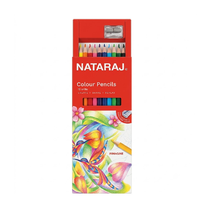 Nataraj Full-Size Colour Pencils – 12 Multicolor Shades with Sharpener, Smooth & Vibrant Coloring Set for School, Kids, and Art Projects
