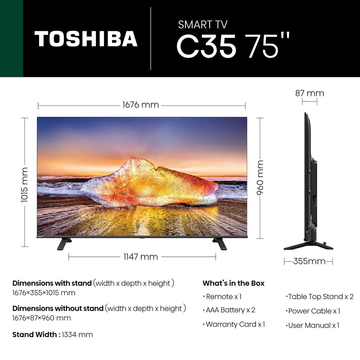 Toshiba 75″ 4K UHD Smart LED TV – 3840×2160, Dolby Vision HDR & Dolby Atmos (75C350MN/KN)