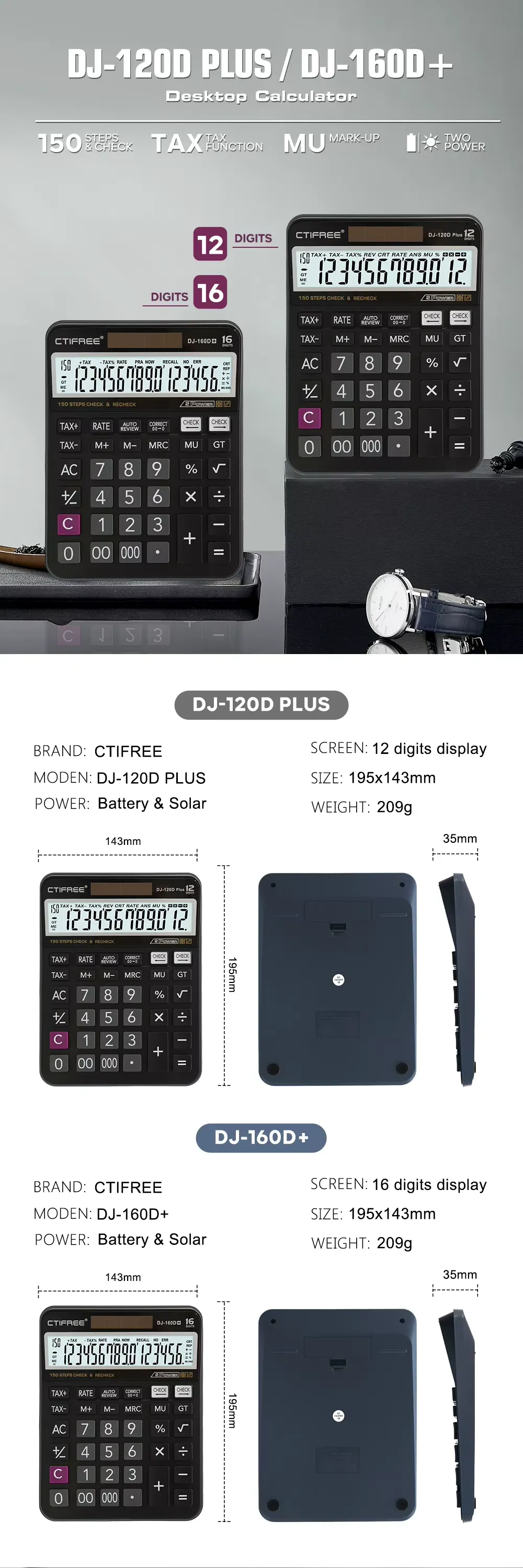 CTIFREE Plus Calculator Digit Dual-Power Desktop Calculator with Solar & Battery for Office Use (DJ-160D)