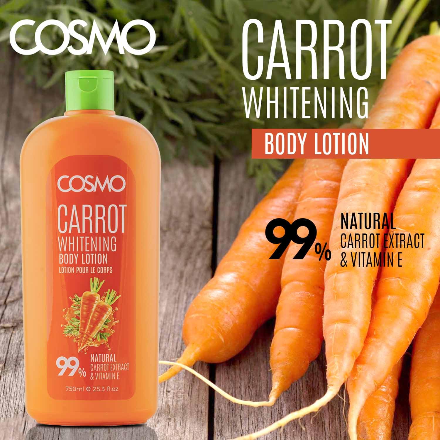 COSMO Carrot Whitening Body Lotion 750ml – 99% Natural Carrot Extract & Vitamin E, Deep Hydration Daily Moisturizer for All Skin Types, For Men & Women (COM33101591)
