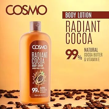COSMO Skin Care Radiant Cocoa Body Lotion 750ml – Cocoa Butter & Vitamin E Moisturizing Lotion for Deep Hydration, Nourished, Non-Greasy Glow, All Skin Types