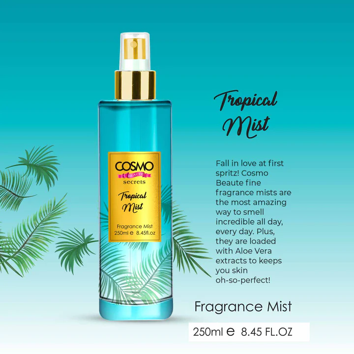 COSMO Beaute Tropical Mists Fine Fragrance Body Mist 250ml– Long-Lasting Fresh Scent with Aloe Vera Extract, Hydrating & Refreshing Body Spray for Men & Women