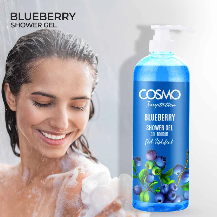 COSMO Temptation Blueberry Shower Gel 1000ml – Natural Blueberry Extract Gentle Cleanse & Hydrating Body Wash with Invigorating Fruity Scent for All Skin Types