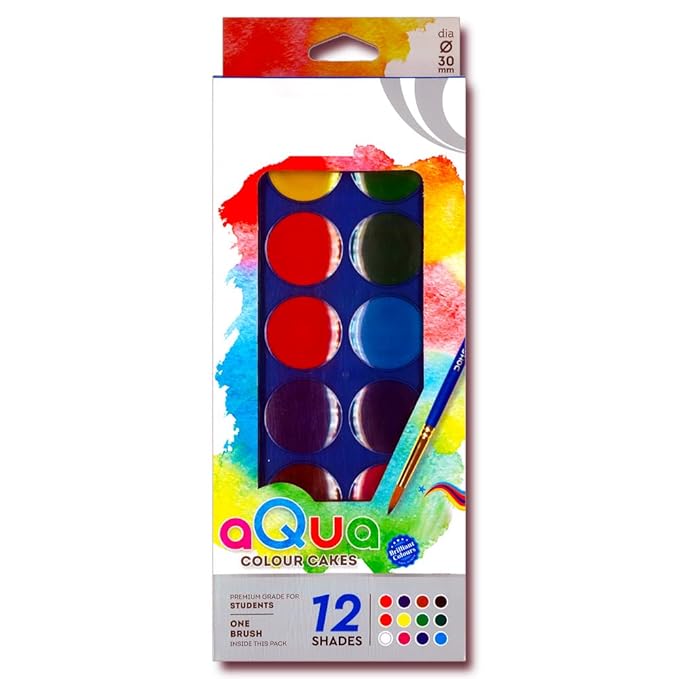Nataraj Water Colour Cake (12 Colours) with Brush – Non-Toxic, Portable Watercolor Paint Set for Kids, Students & Beginners