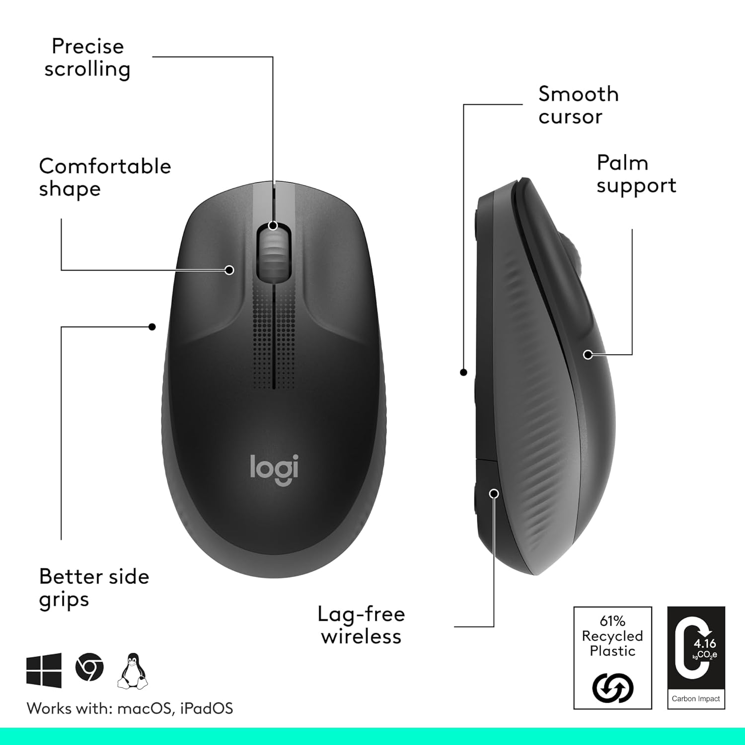Logitech M190 Full-Size Wireless Mouse&nbsp;in the&nbsp;Charcoal&nbsp;color
