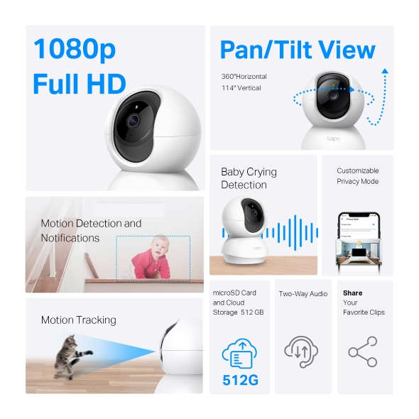 TP Link - 1080p Full HD Pan/Tilt Home Security Wi-Fi Camera (Tapo C200C)