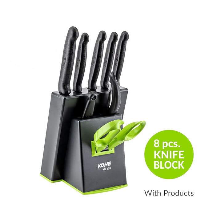 KOHE - 8 PCS Stainless Steel Kitchen Knife Set with Block | Knife Holder for Kitchen | 5 Knives | 2 Peelers and 1 Scissors - KB-811/B