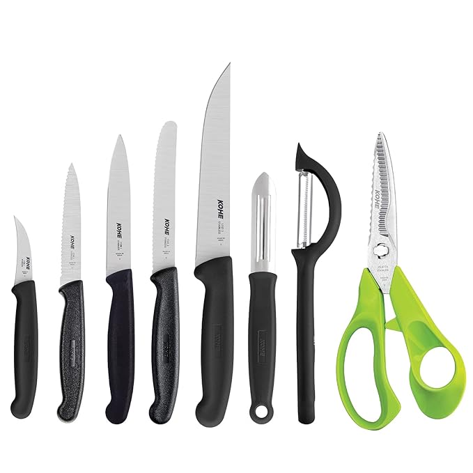 KOHE - 8 PCS Stainless Steel Kitchen Knife Set with Block | Knife Holder for Kitchen | 5 Knives | 2 Peelers and 1 Scissors - KB-811/B