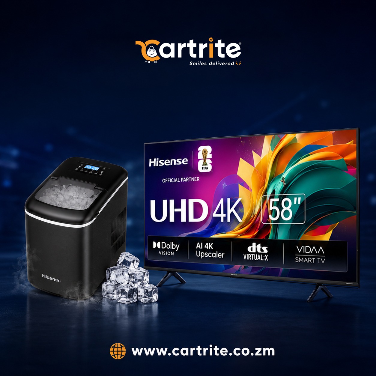 FIFA Offer: Hisense 58″ UHD 4K Smart TV + 15 kg Ice Maker Bundle