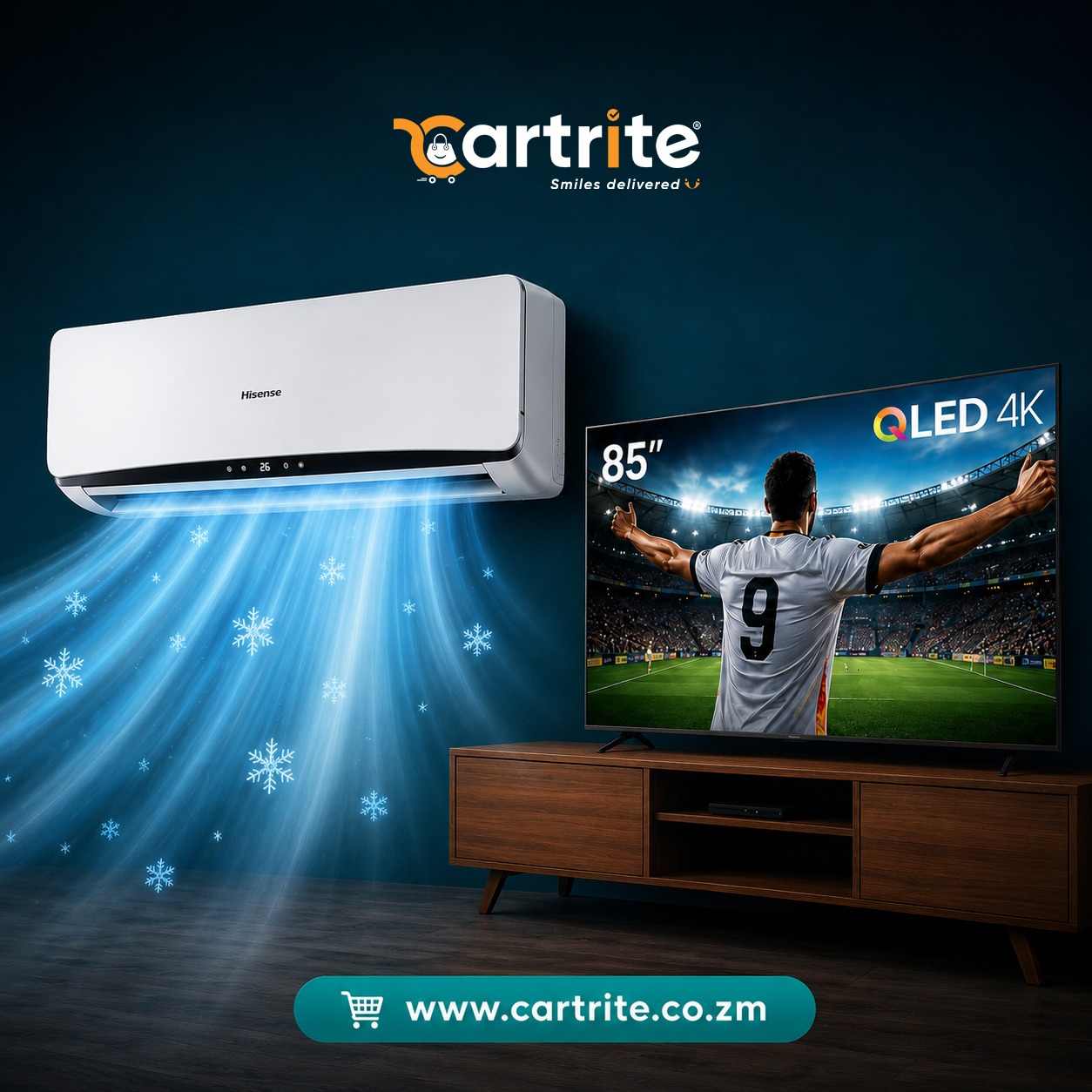 Hisense FIFA Fan Bundle: 85″ QLED 4K VIDAA Smart TV (LED85Q6Q) & Split Wall-Mounted Air Conditioner