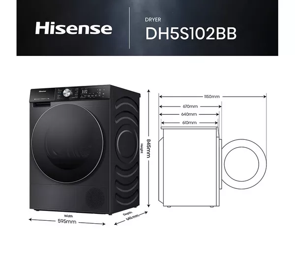 Hisense DH5S102BB | 5S Series 10kg Premium Black Heat Pump Tumbler Dryer