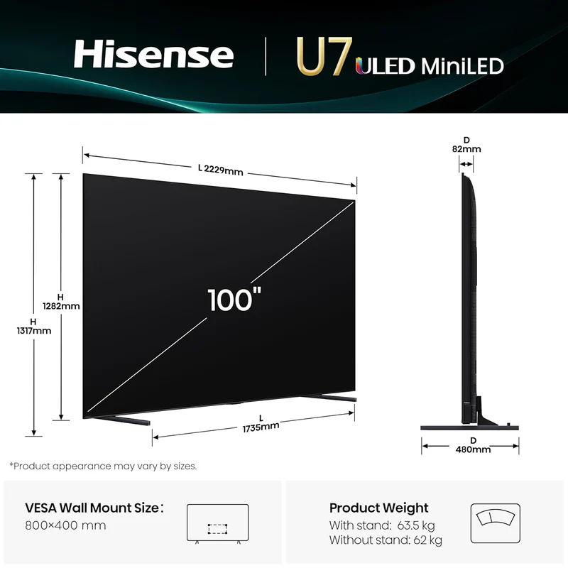 Hisense 100" Mini LED 4K UHD Smart TV | 144Hz, Dolby Vision, Dolby Atmos, Hands free voice control- 100U7Q 4K
