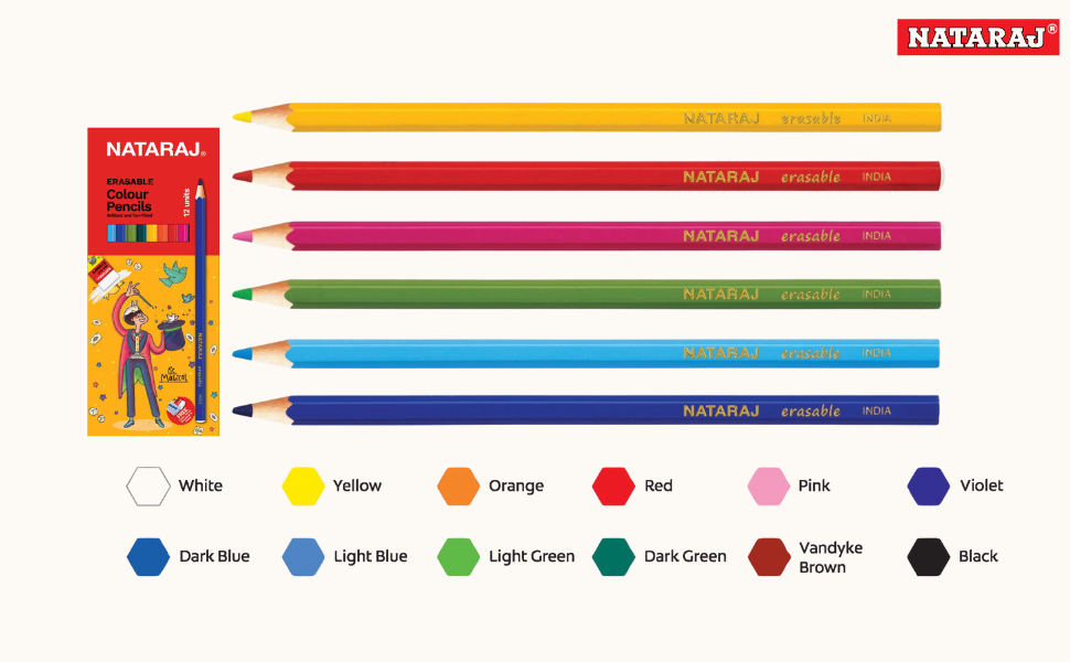 Nataraj Erasable Colour Pencils (12 Colours) – Full Size, Smooth & Erasable Coloring Pencils for Kids, School & Drawing