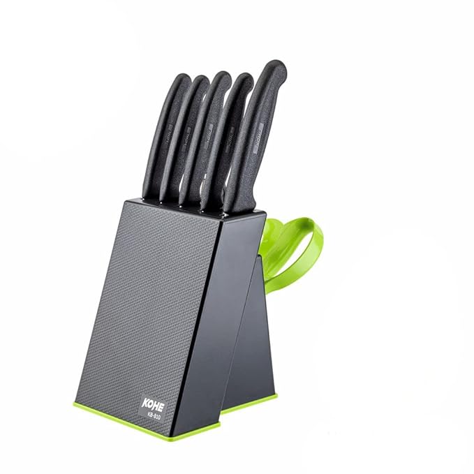 KOHE - 8 PCS Stainless Steel Kitchen Knife Set with Block | Knife Holder for Kitchen | 5 Knives | 2 Peelers and 1 Scissors - KB-811/B
