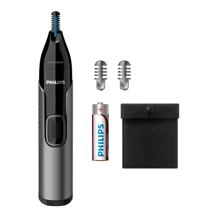 Philips - Nose Trimmer Nt3650/16,Cordless Nose,Ear&Eyebrow Trimmer With Protective Guard System,Fully Washable,Including Aa Battery,2 Eyebrow Combs,Pouch (Gray), Unisex