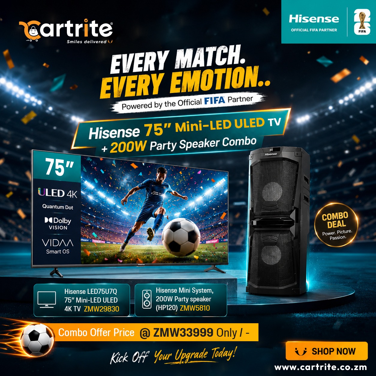 Hisense FIFA Season Offer – 75″ Mini-LED 4K TV + 200W Party Speaker Combo