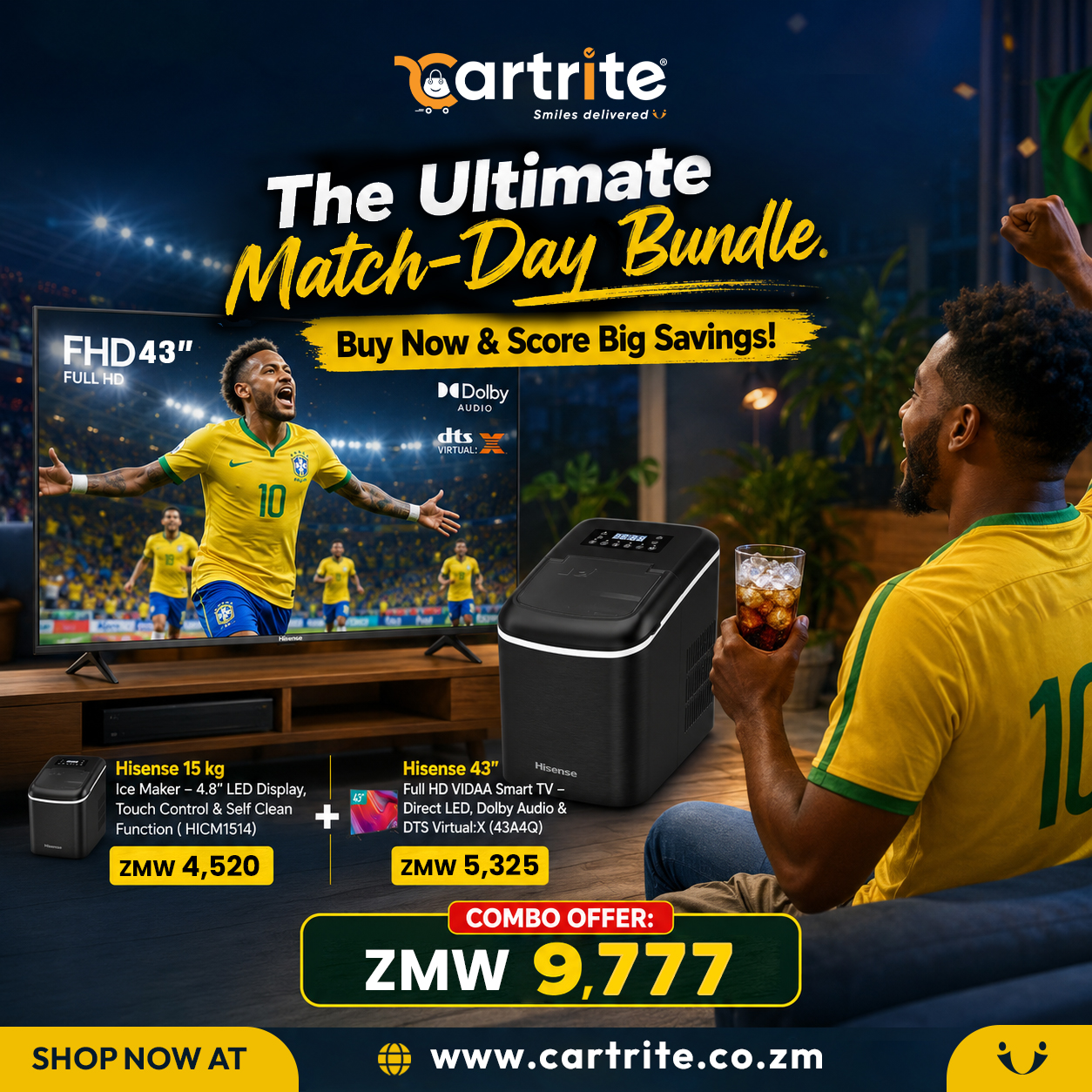FIFA Offer: Hisense 43″ Full HD VIDAA Smart TV + 15 kg Ice Maker Bundle