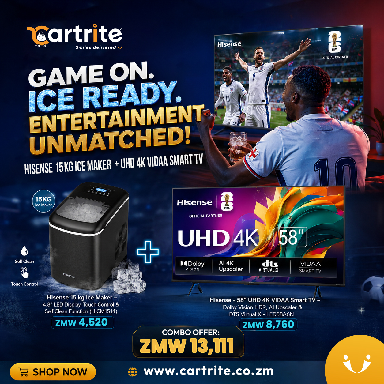 FIFA Offer: Hisense 58″ UHD 4K Smart TV + 15 kg Ice Maker Bundle