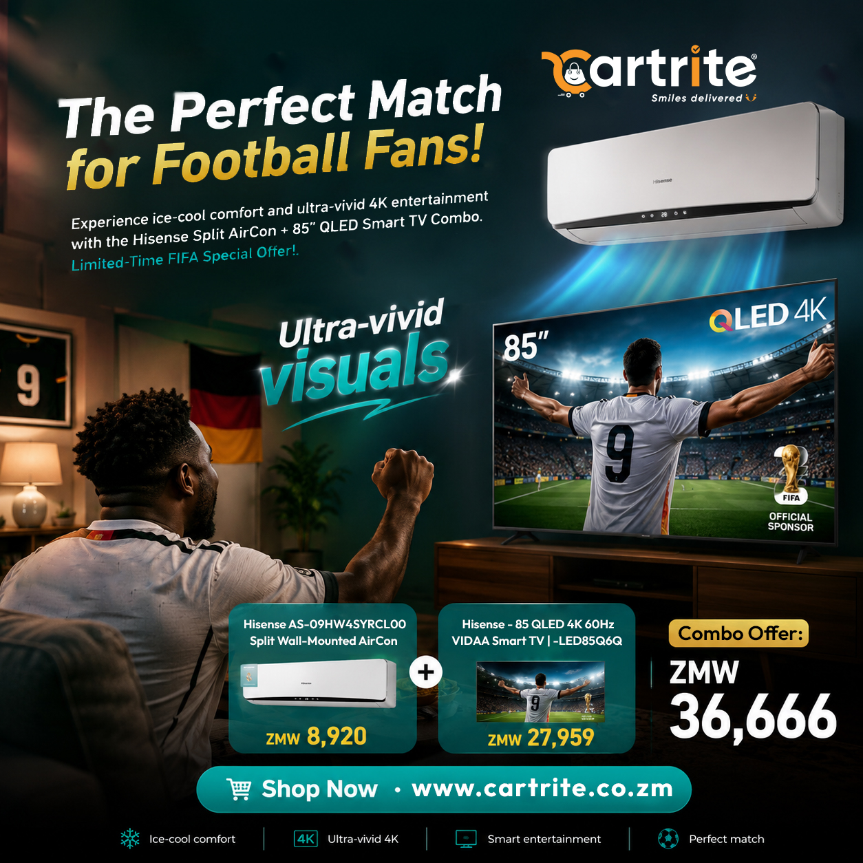 Hisense FIFA Fan Bundle: 85″ QLED 4K VIDAA Smart TV (LED85Q6Q) & Split Wall-Mounted Air Conditioner