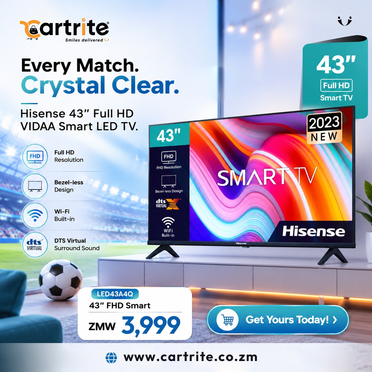 Hisense 43″ Full HD VIDAA Smart LED TV, Noise Reduction, Black (LED43A4Q-OFF)