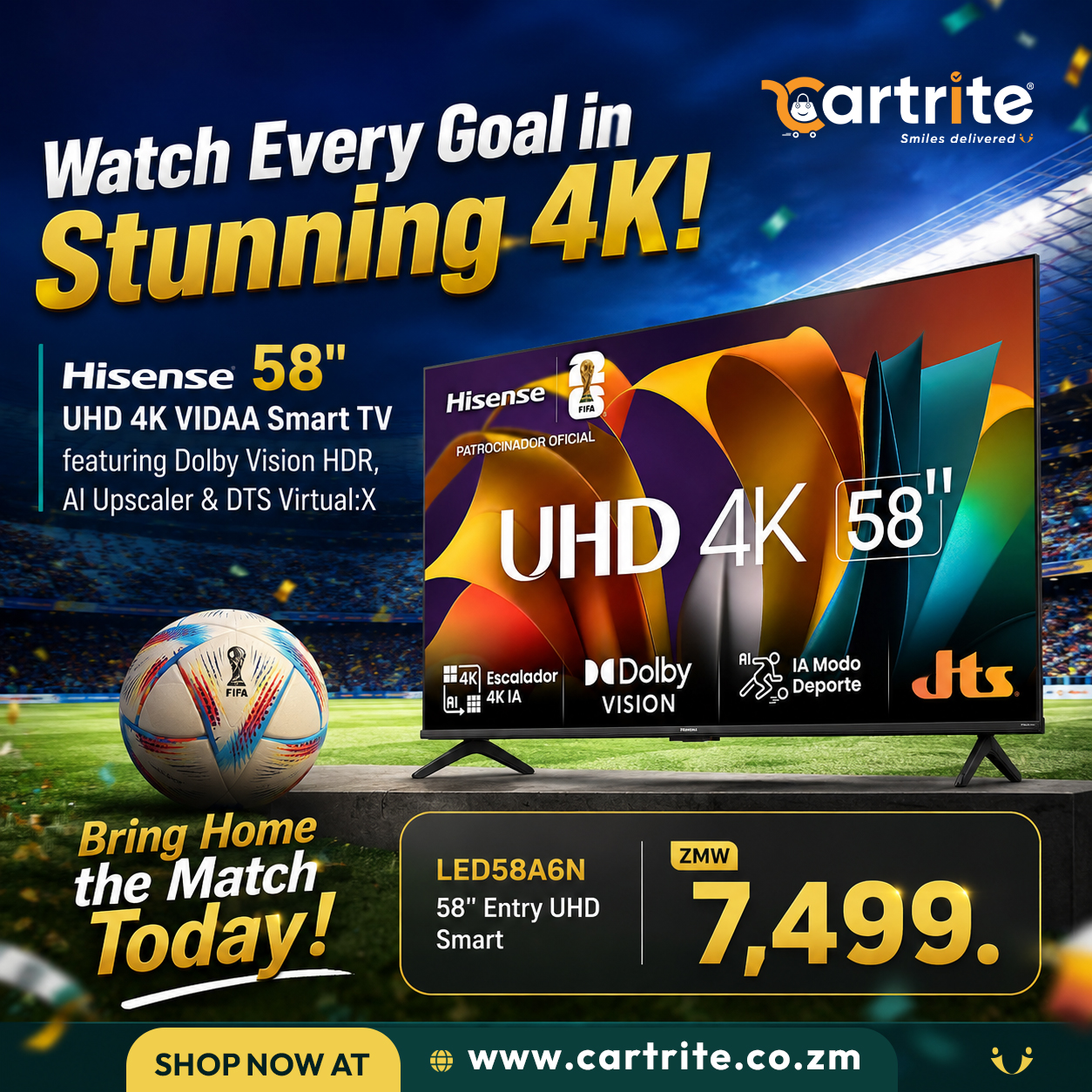 Hisense - 58″ UHD 4K VIDAA Smart TV – Dolby Vision HDR, AI Upscaler & DTS Virtual:X  - LED58A6N